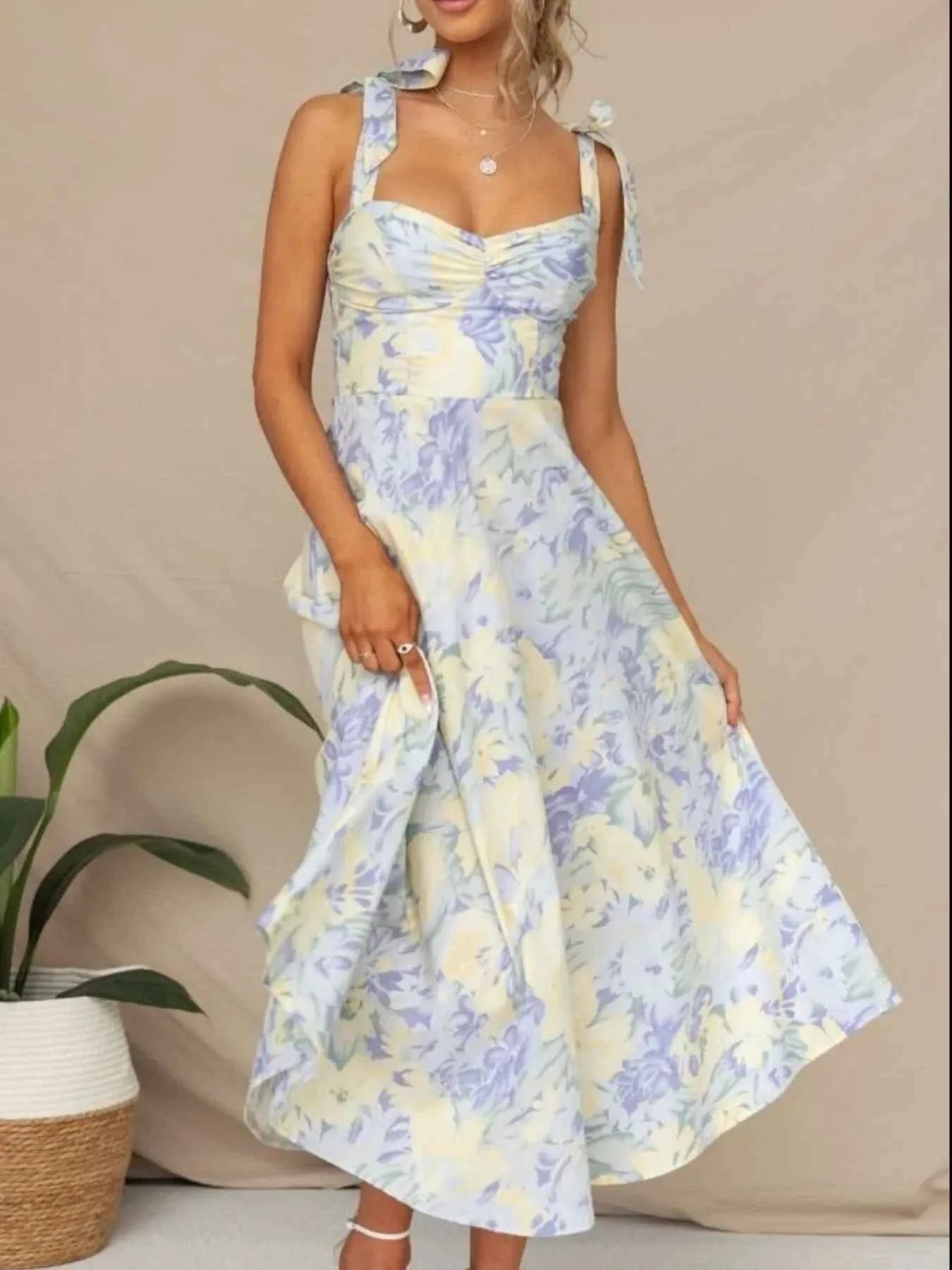 Floral Tie-Strap Sweetheart Neck Midi Dress.