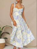 Floral Tie-Strap Sweetheart Neck Midi Dress.