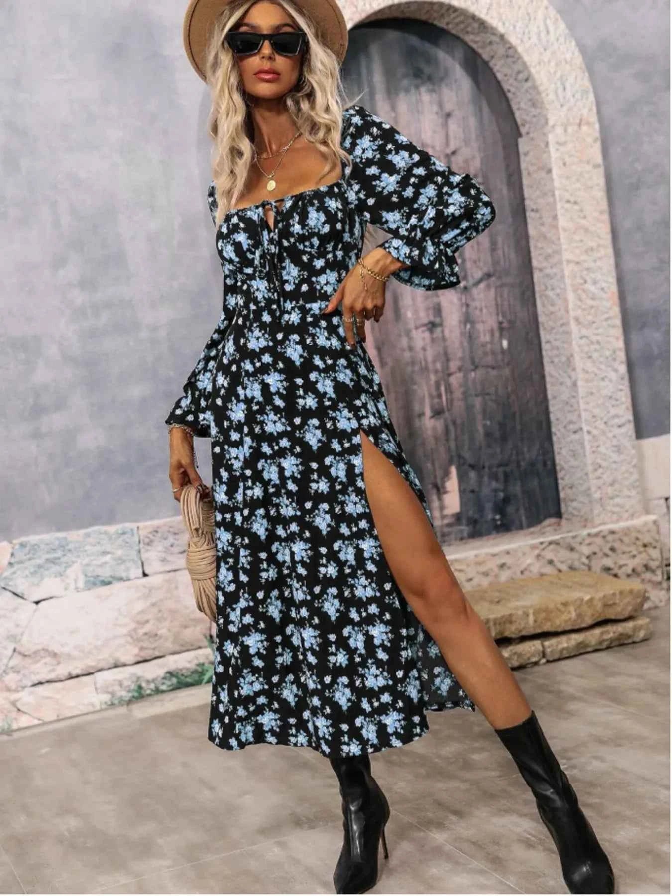Floral Print Square Neck Dress with Flounce Sleeves.