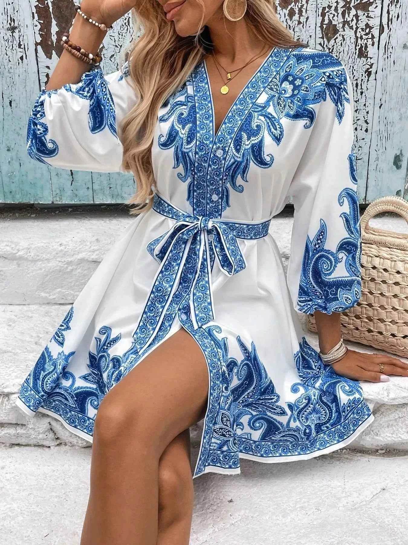 Printed V-Neck Balloon Sleeve Mini Dress.