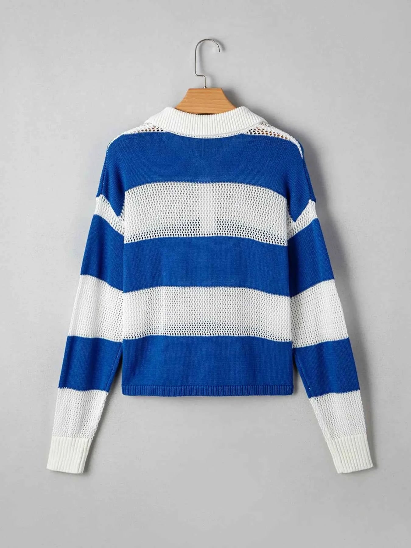 Stripe Colorblock Polo Collar Crochet Knitted Cover Up.