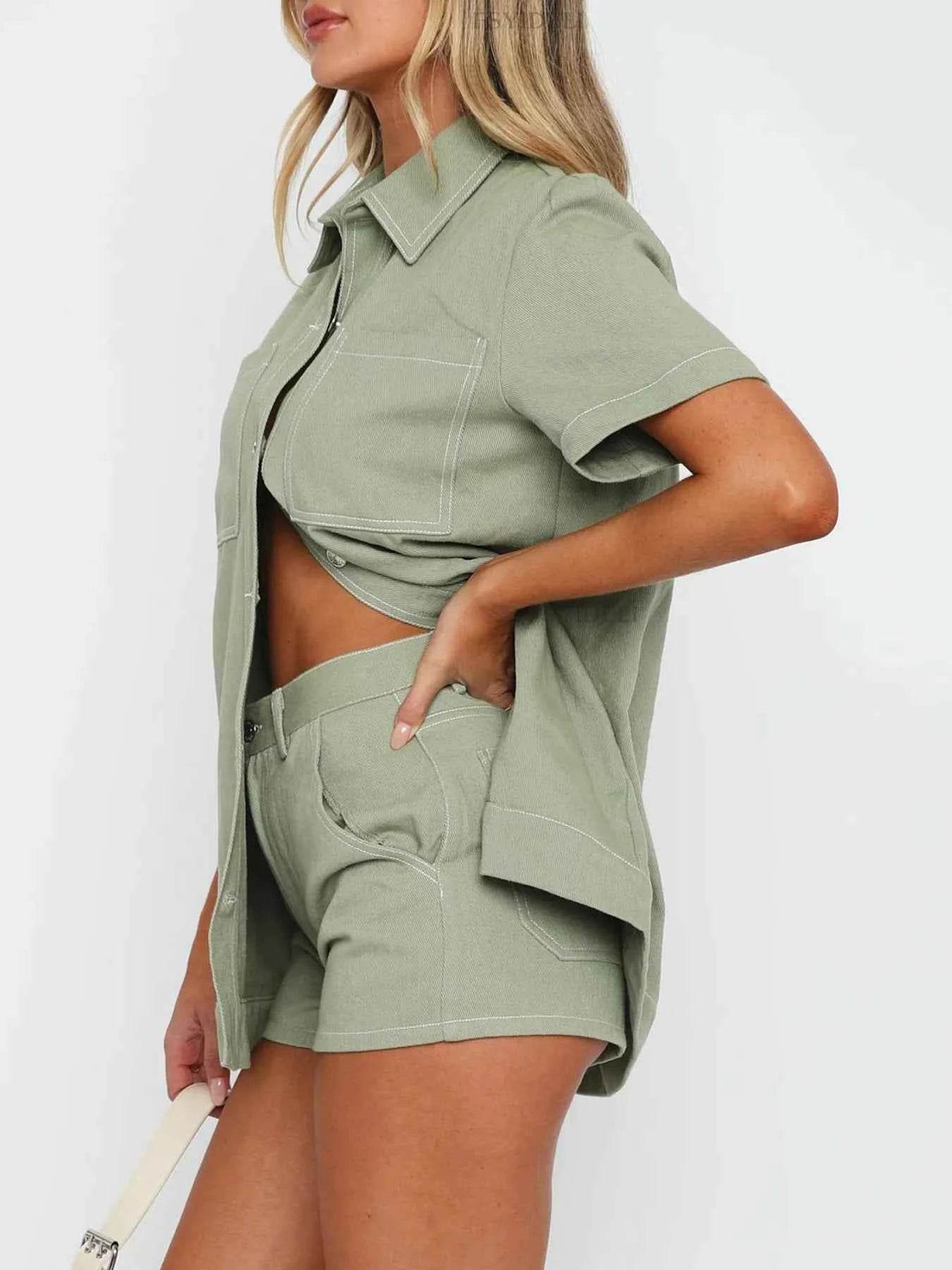 Button Up Denim Set: Short Sleeve Top and Shorts for Effortless Style - EBYNN