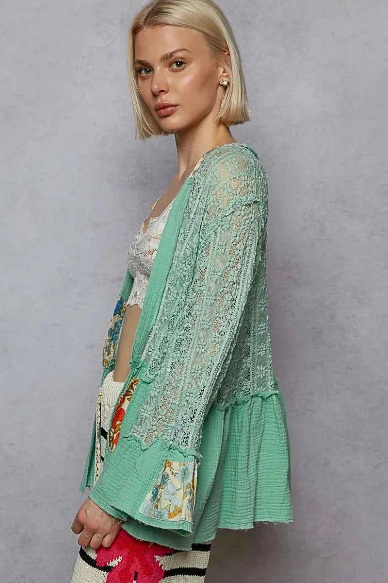 Mint Green Lace Ruffled Hem Open Front Cardigan.