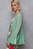 Mint Green Lace Ruffled Hem Open Front Cardigan.