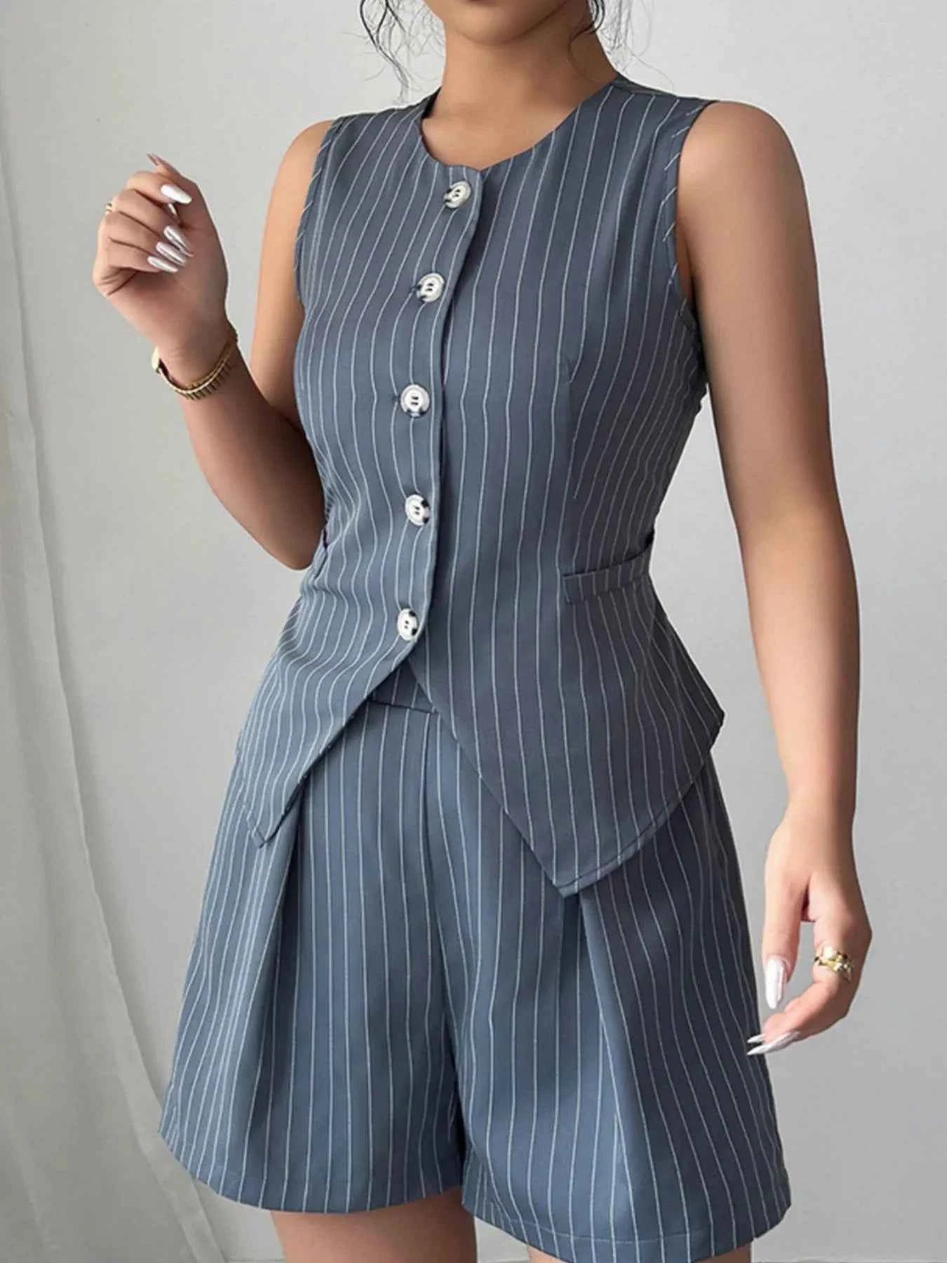 Striped Button-Up Vest and Shorts Set.