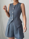Striped Button-Up Vest and Shorts Set.