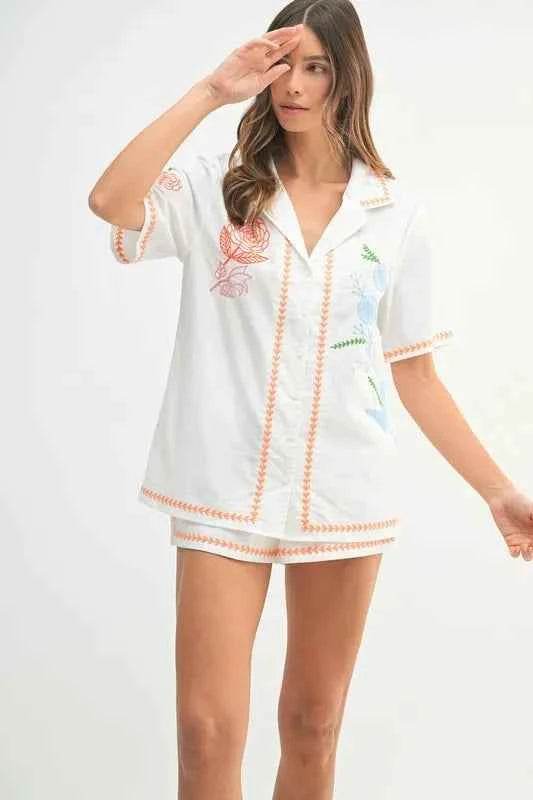 MABLE Embroidered Button Down Shirt and Shorts Set - EBYNN