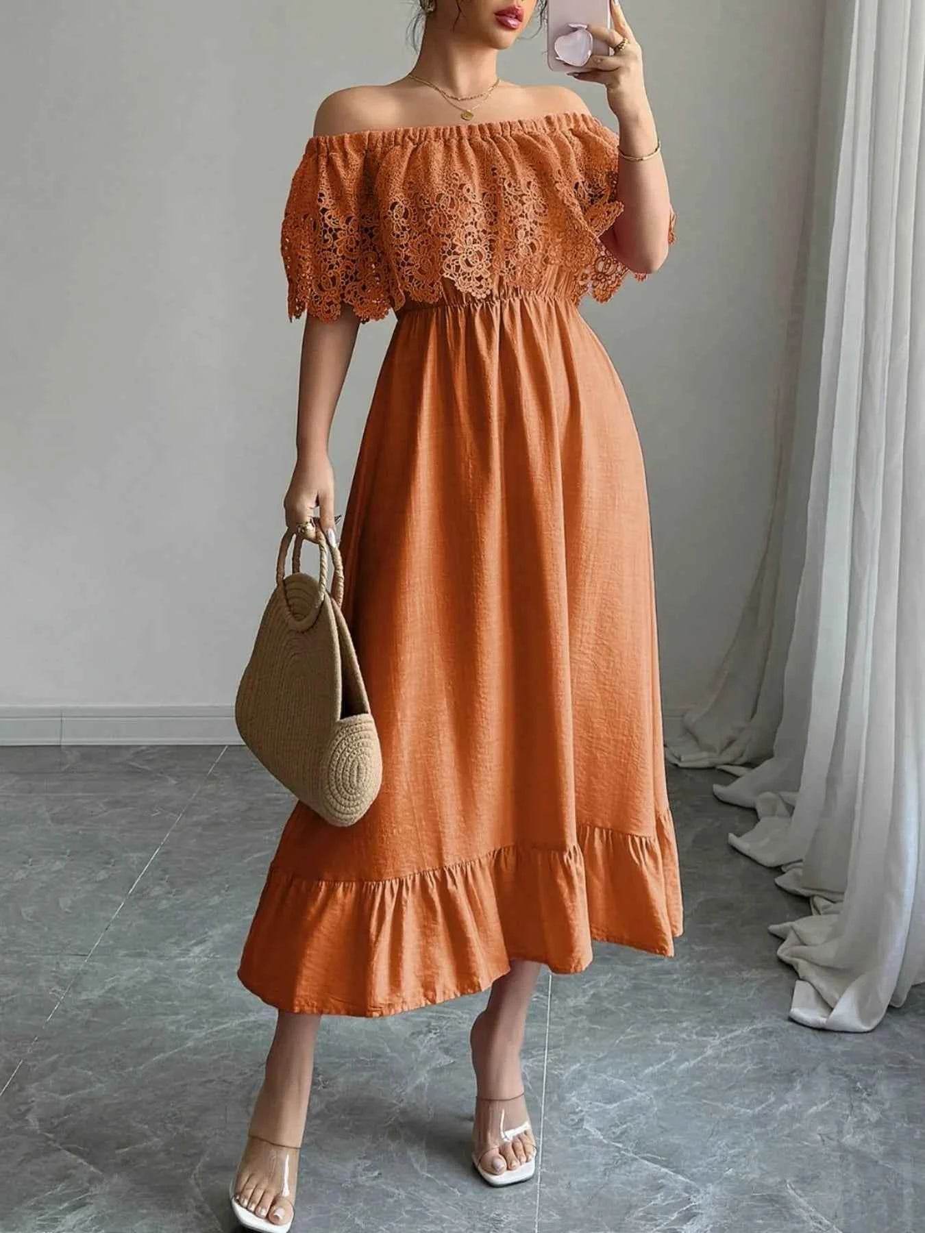 Off-Shoulder Lace Ruffle Midi Dress.