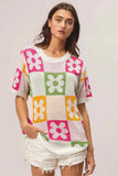 BiBi Floral Checker Pattern Lightweight Pullover Sweater.