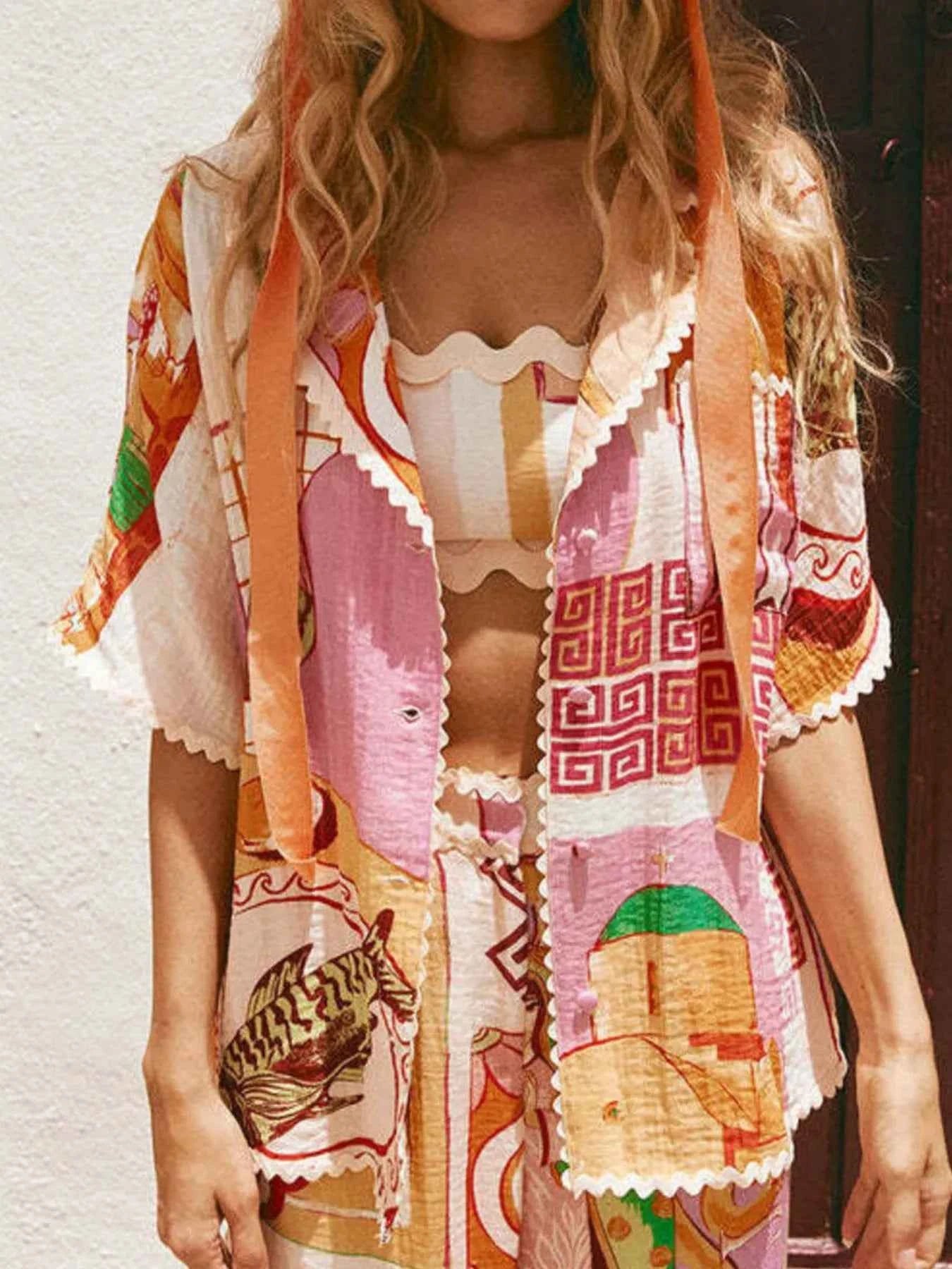 Printed Button-Up Shirt and Shorts Set.
