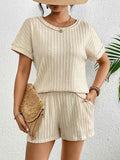 Texture Round Neck Top and Shorts Lounge Set.