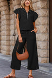 Textured Ruffled Sleeve Zipped Top & Wide Leg Pants Set - EBYNN