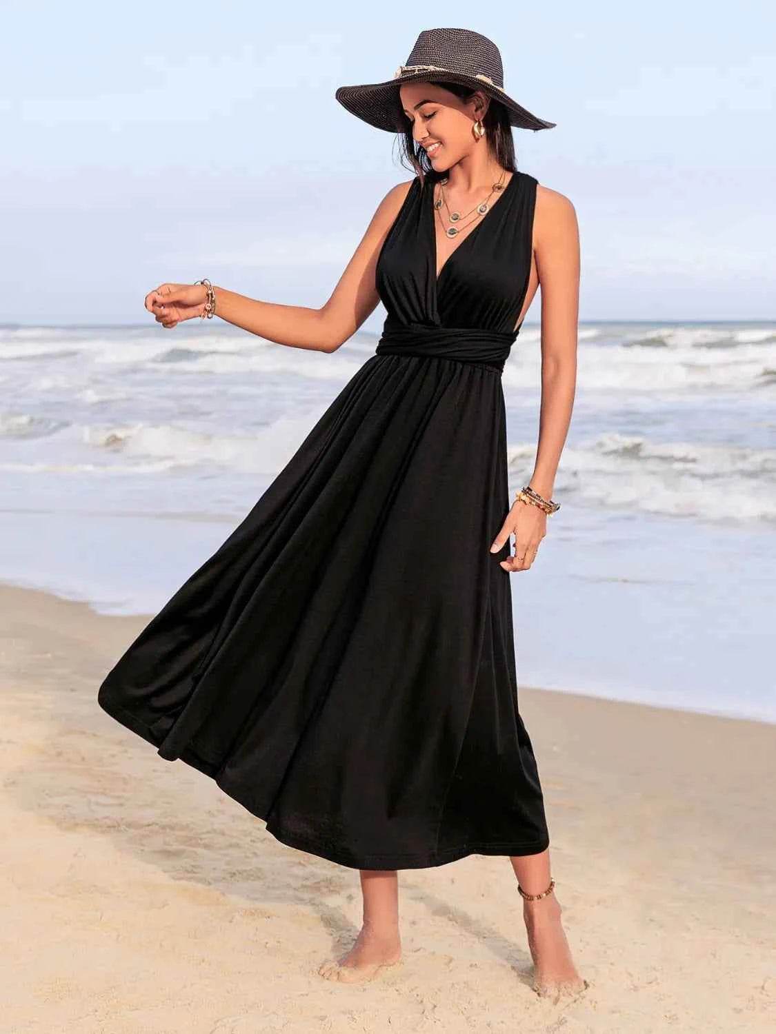 Ruched Surplice Sleeveless Midi Dress.