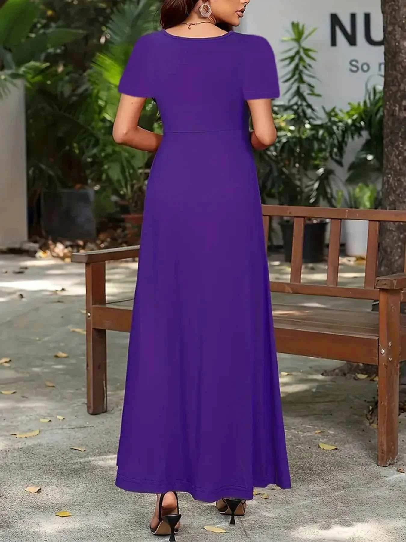 Plus Size A-Line Maxi Dress with Round Neck and Short Sleeves.