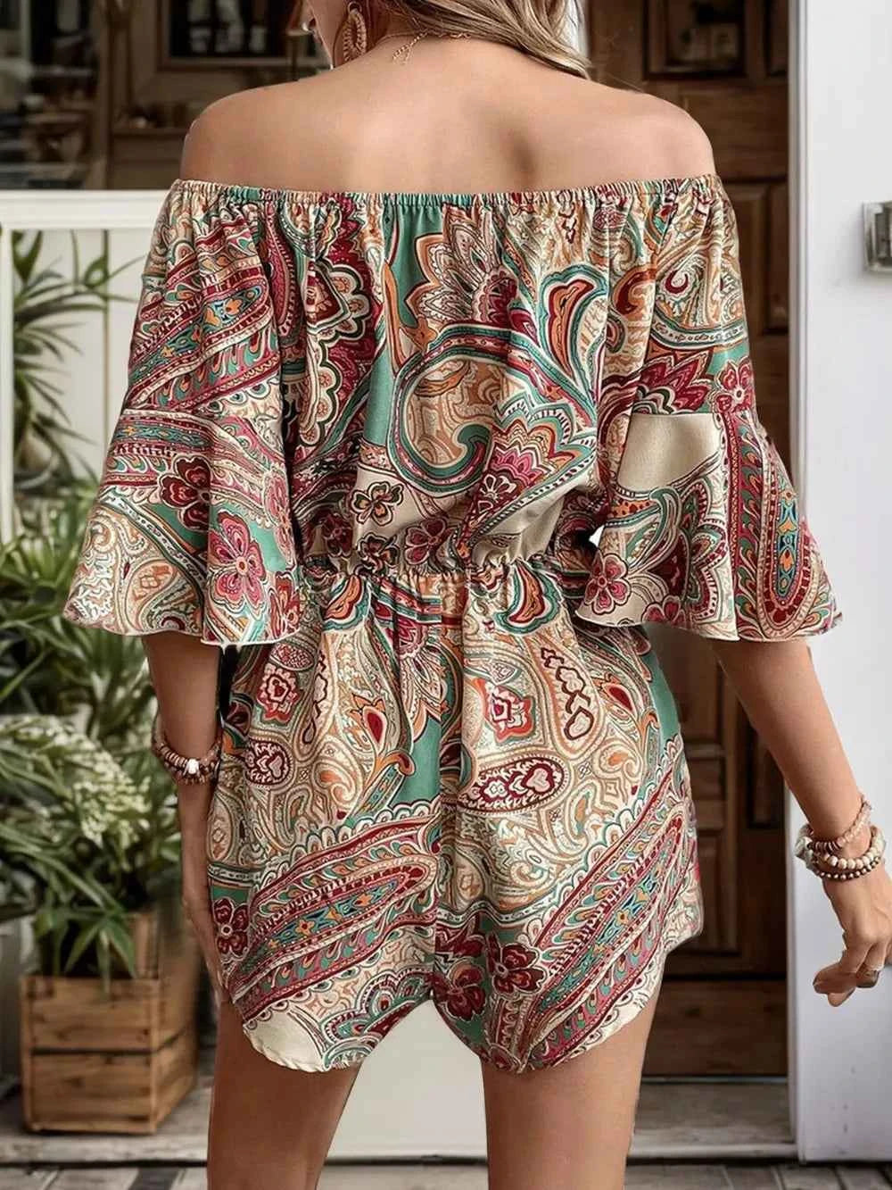 Perfee Off Shoulder Printed Half Sleeve Romper.
