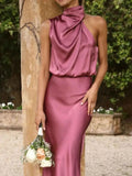 Asymmetrical Ruched Sleeveless Midi Dress.
