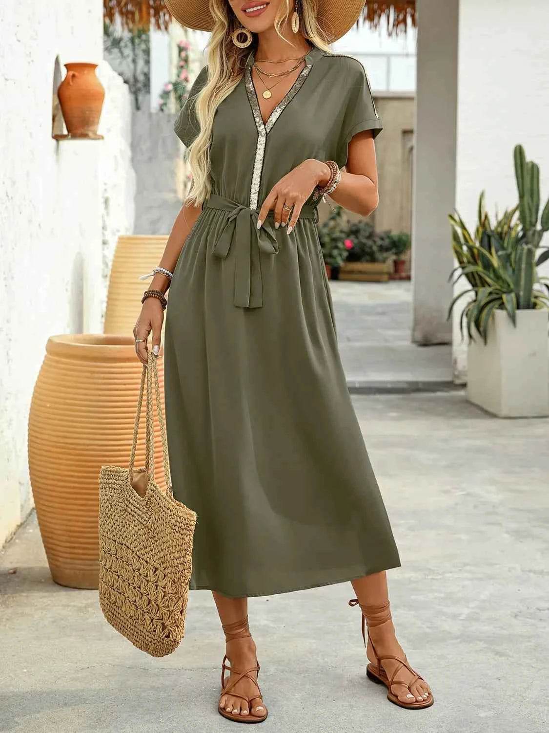 Sequin Notched Short Sleeve Midi Dress.