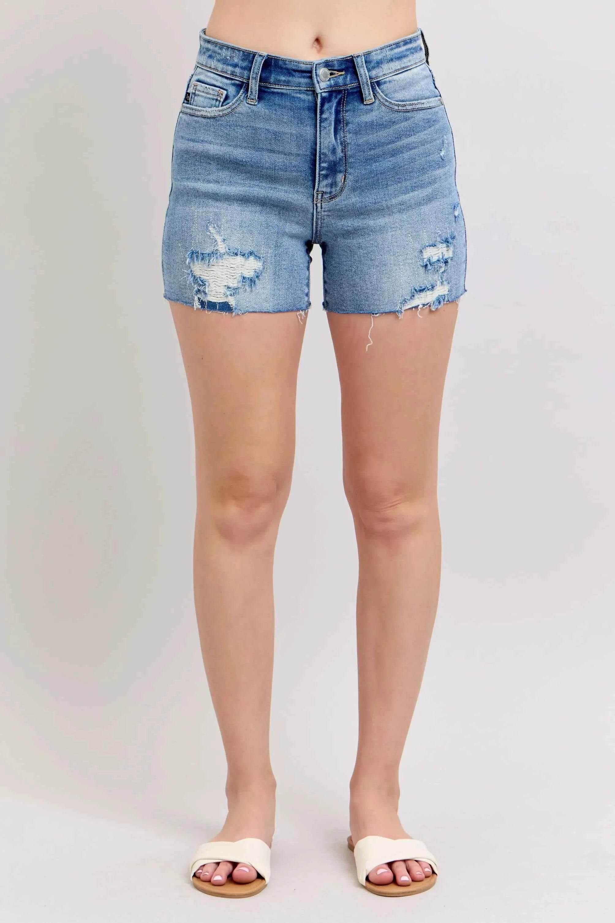 Judy Blue Plus Size High Waist Distressed Denim Shorts.