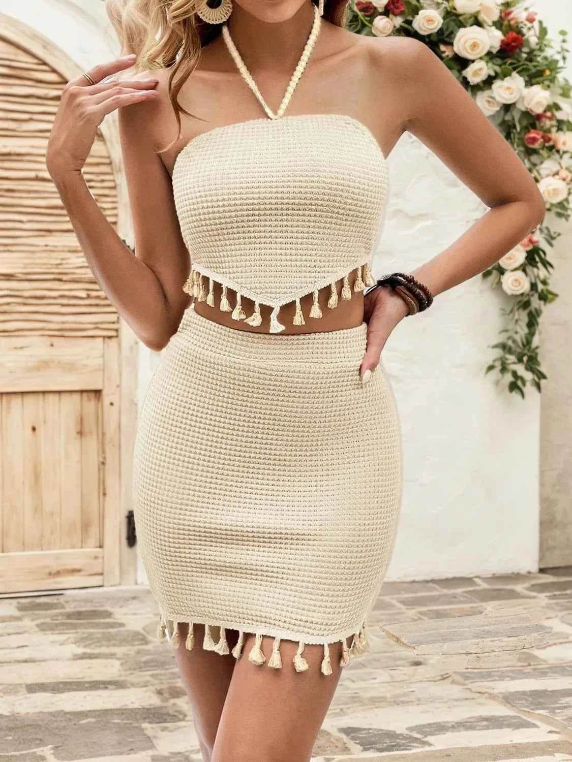 Waffle-Knit Halter Neck Top and Skirt Set - EBYNN