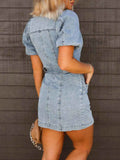 Button-Up Puff Sleeve Denim Shirt Dress.