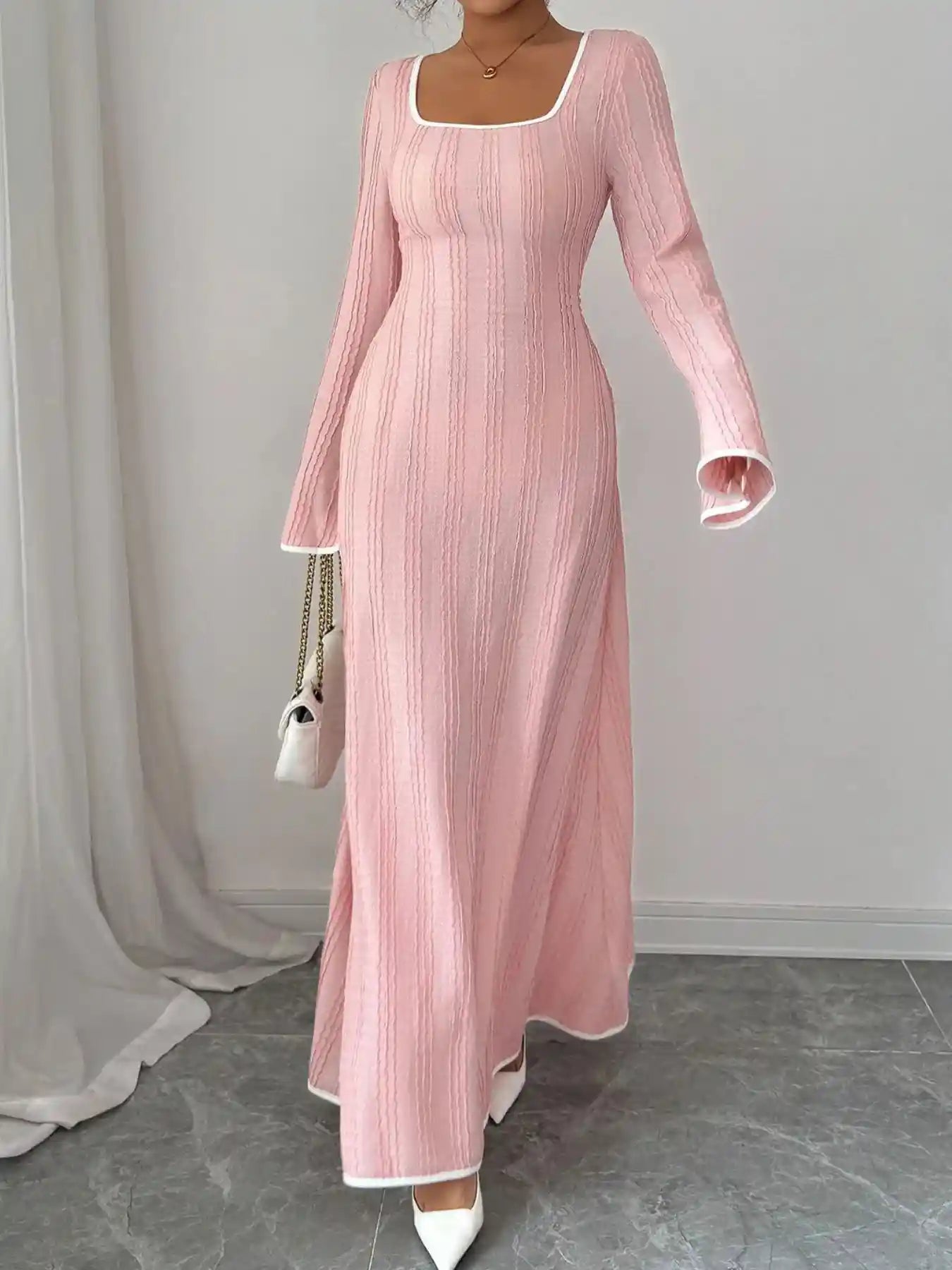 Textured Square Neck Long Sleeve Maxi Dress.