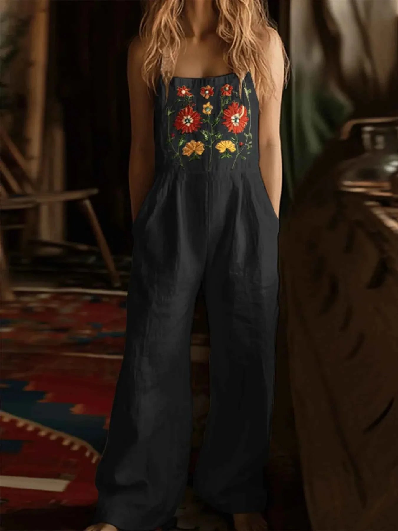 Floral Embroidered Wide Leg Jumpsuit.