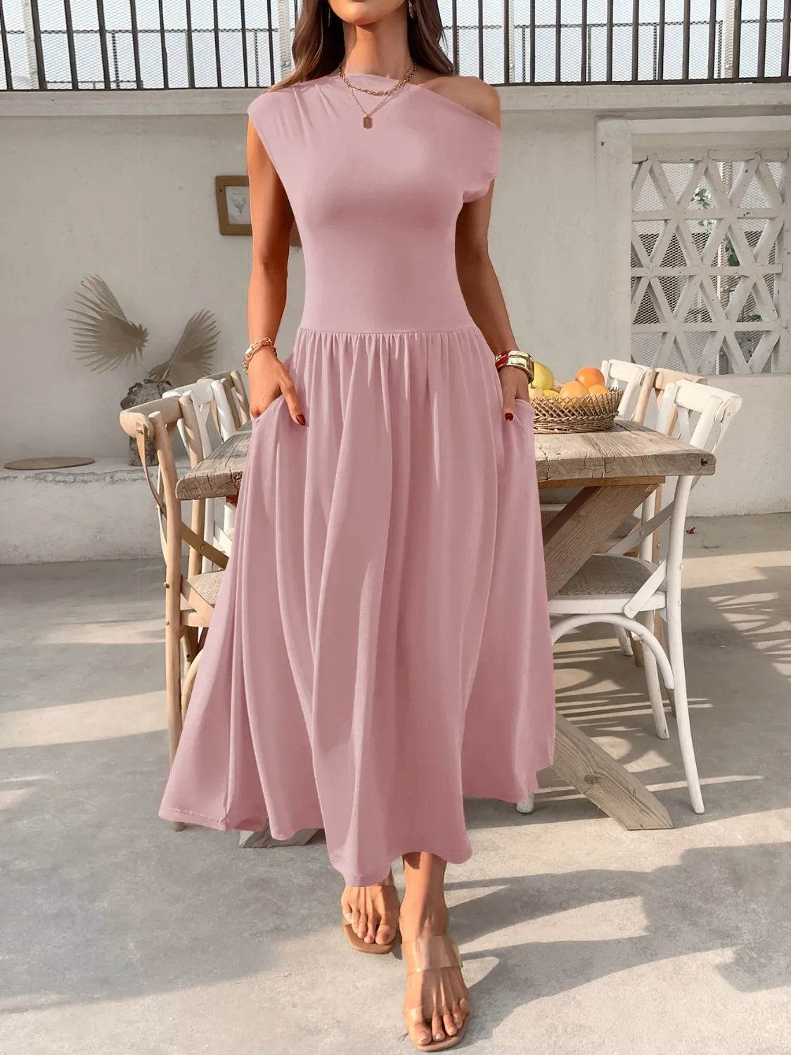 Single Shoulder Dress with Pockets.
