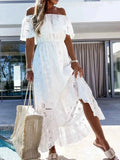 Eyelet Ruffled Hem Off-Shoulder Dress.