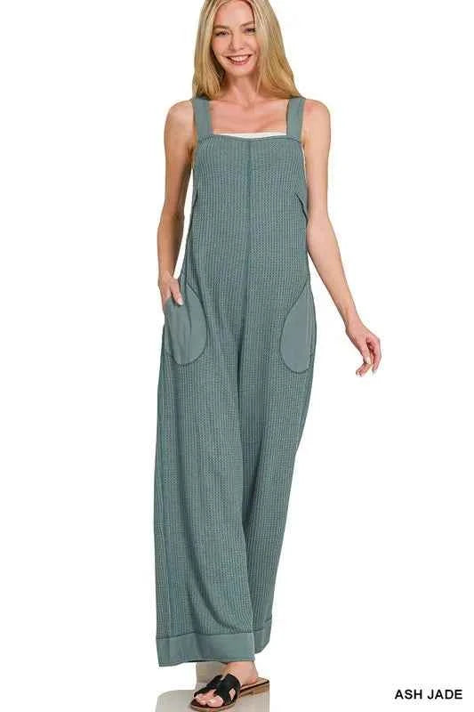 Zenana Knit Waffle Wide Leg Overalls.