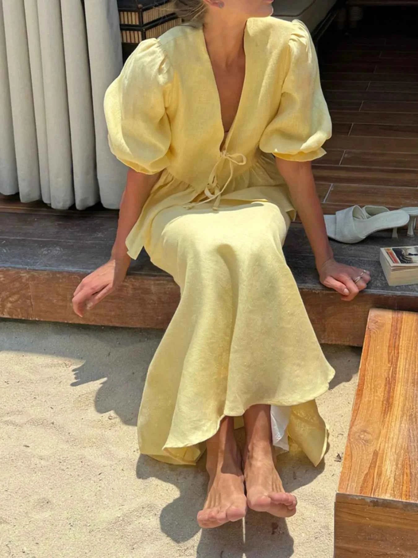 Lace-Up Tie Front Peplum Top and Skirt Set.