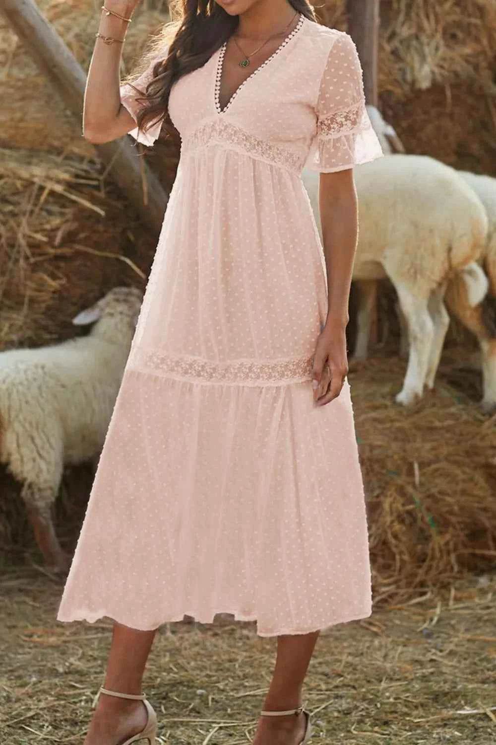 Polka Dot V-Neck Ruffle Midi Dress.