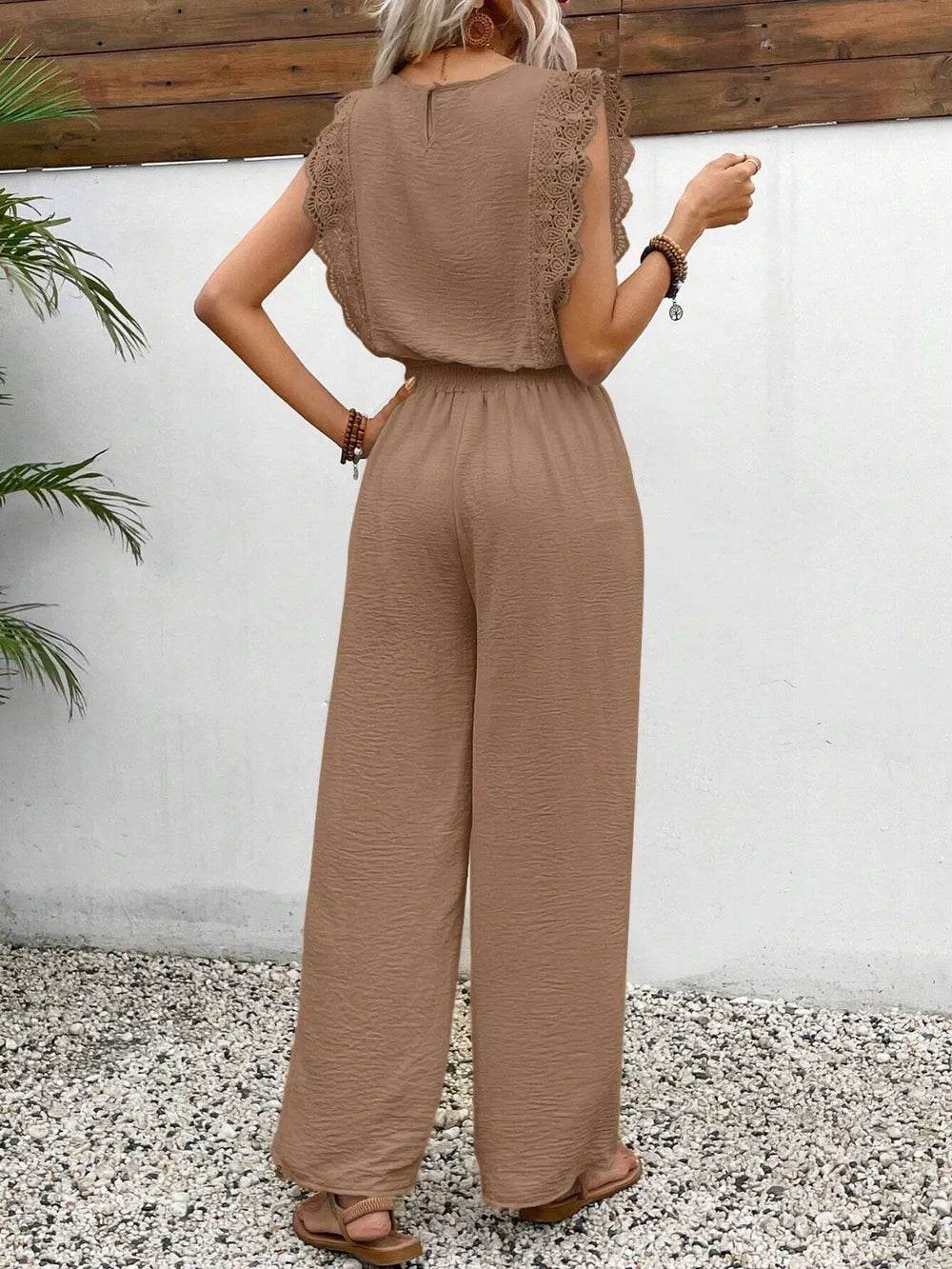 Lace Trim Round Neck Top and Pants Set - EBYNN