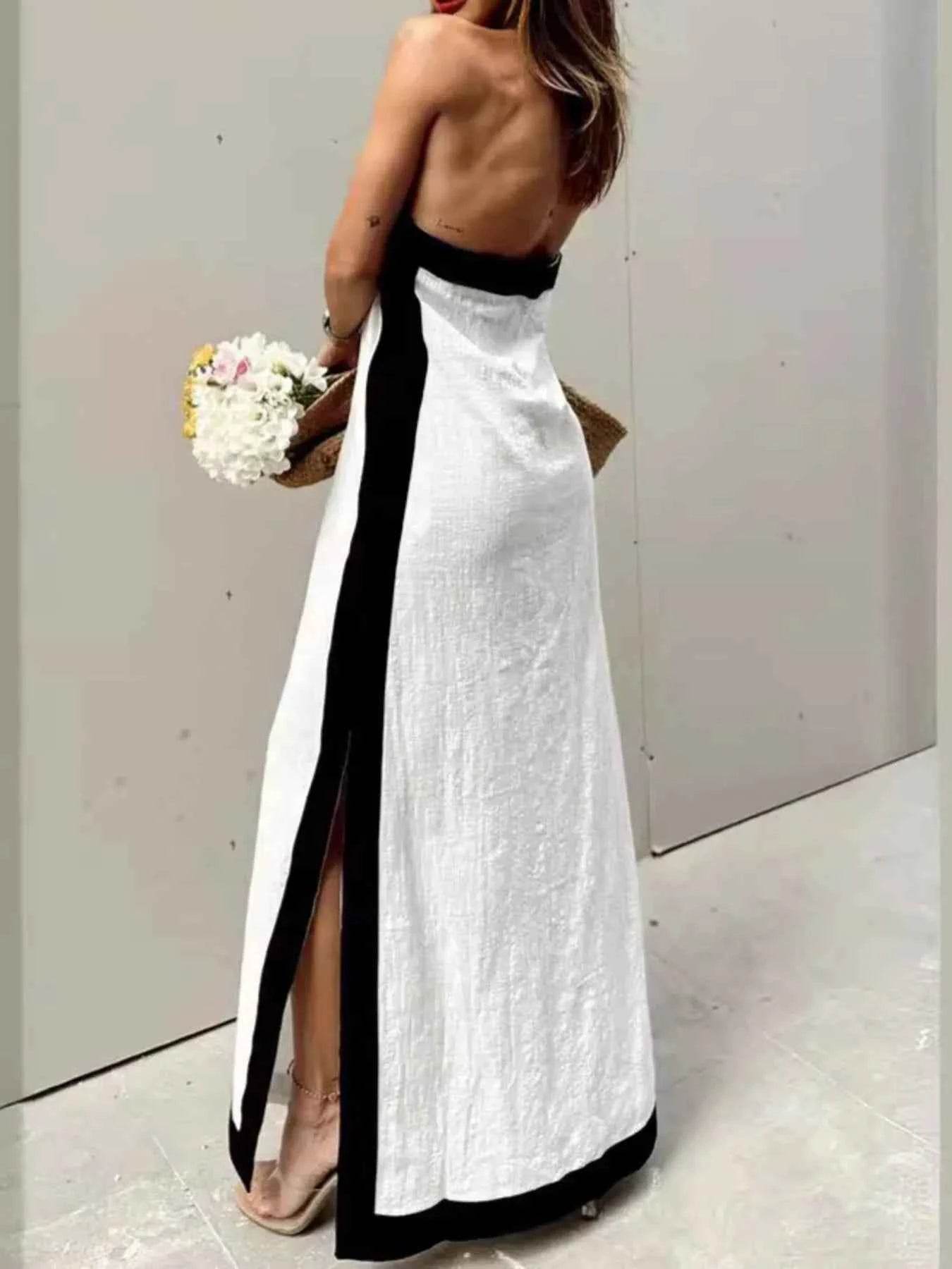 Contrast Halter Sleeveless Maxi Dress.