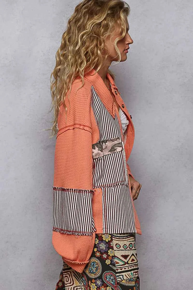 Coral Patchwork Multi-Pattern Button Down Jacket.