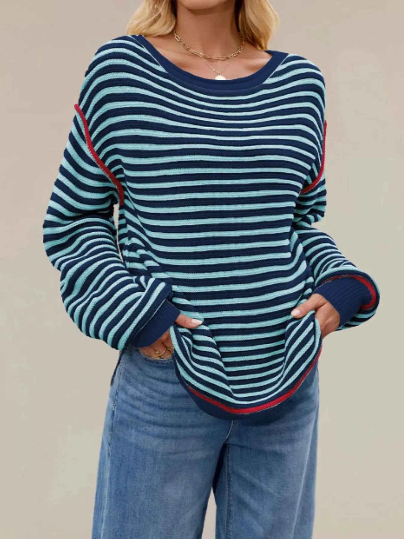 Slit Striped Oversized Sweater.