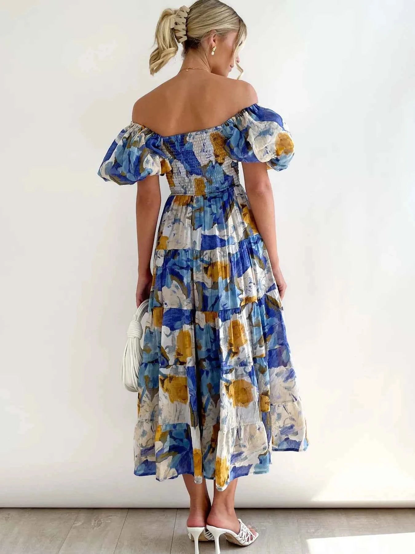 Floral Smocked Puff Sleeve Tiered Dress.