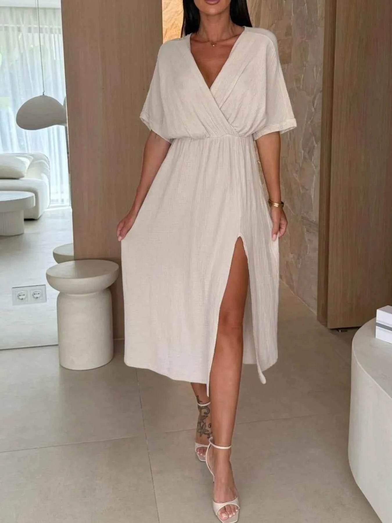Slit Surplice Half Sleeve Midi Dress.