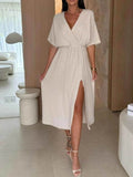 Slit Surplice Half Sleeve Midi Dress.