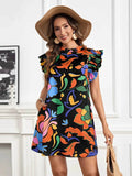 Printed Ruffle Sleeve Mini Dress.