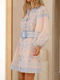 Printed Button Down Shirt Dress with Belt.