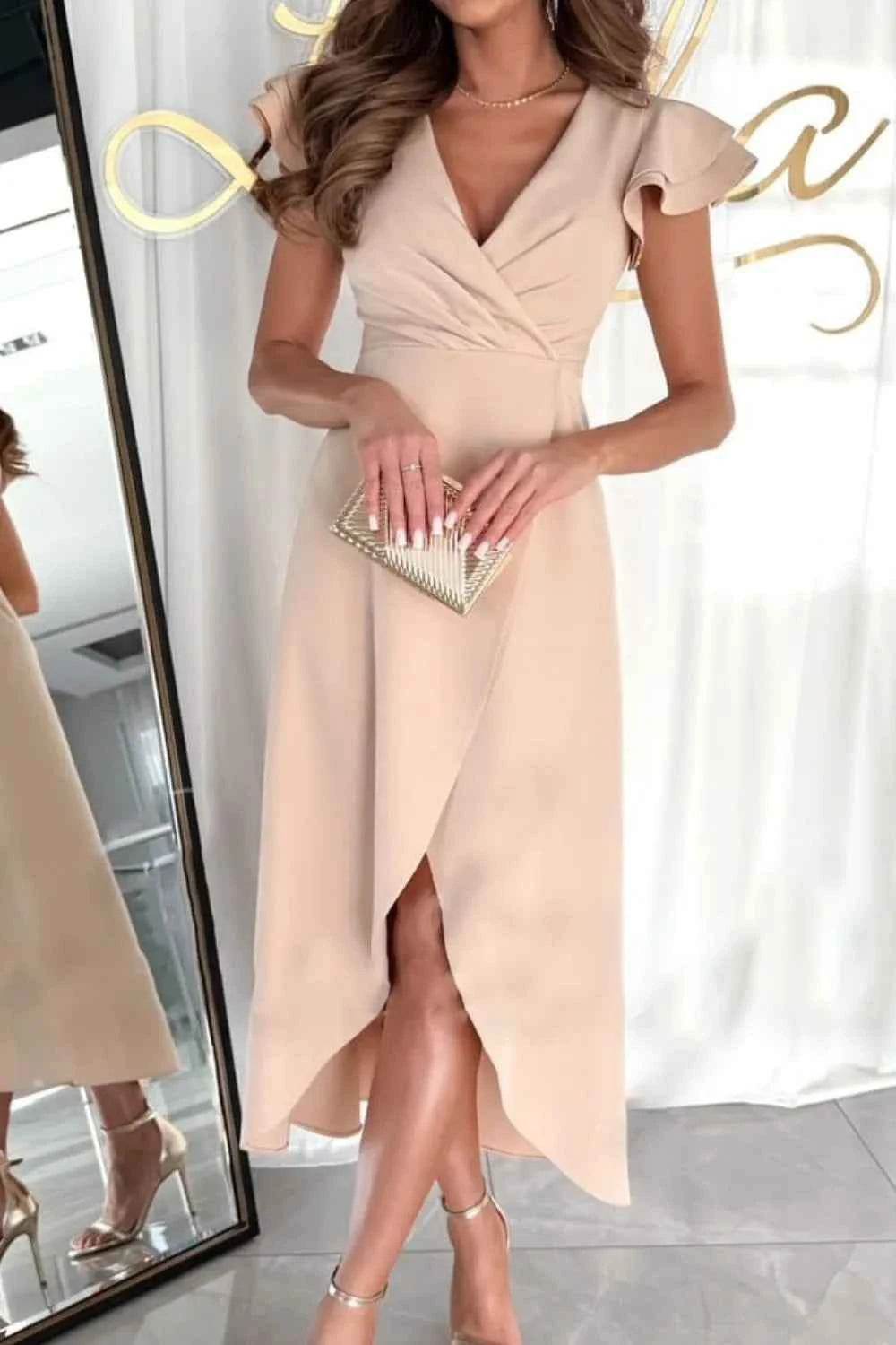 Surplice Ruffled Cap Sleeve Zip Back Dress.