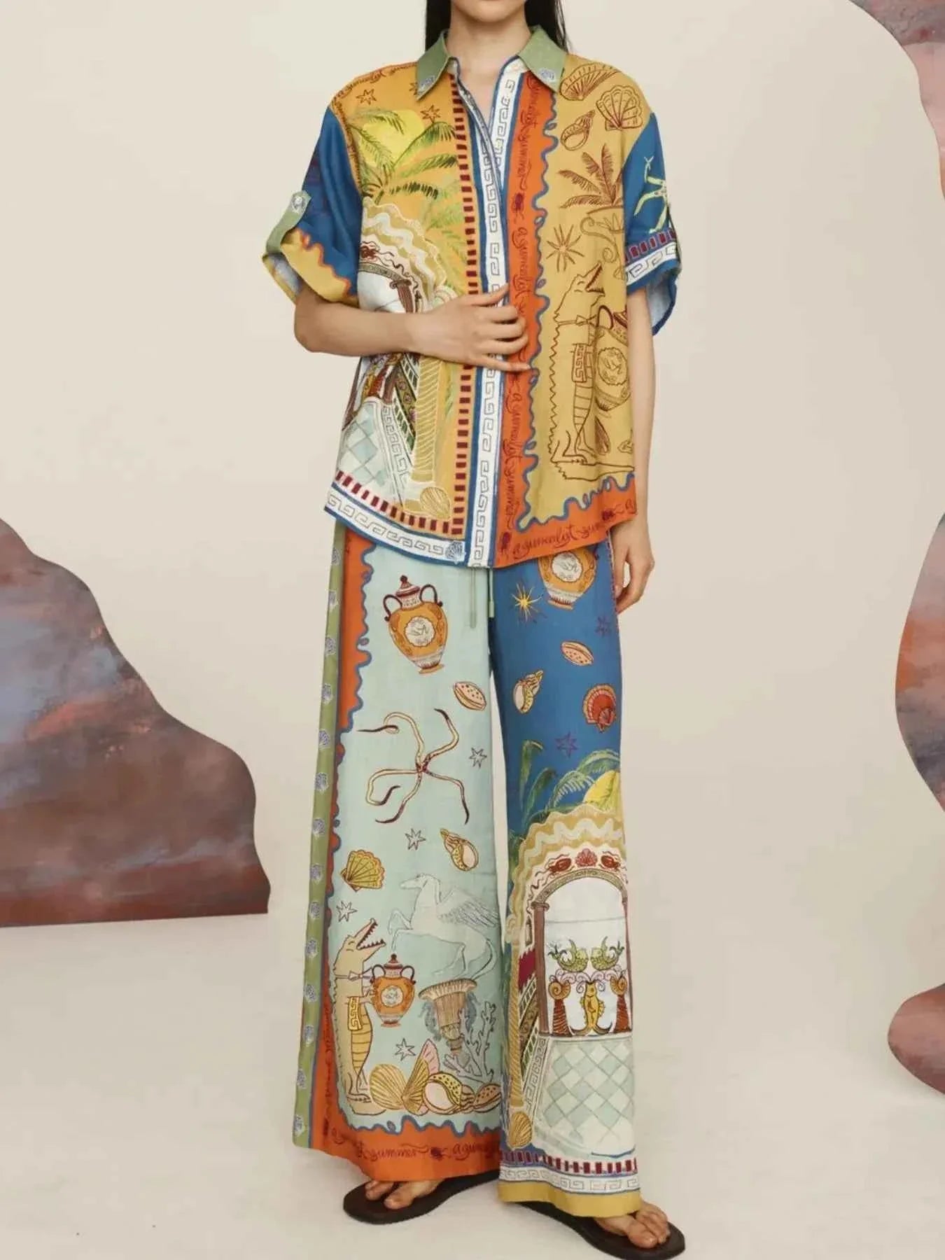 Printed Button Up Shirt and Pants Set.