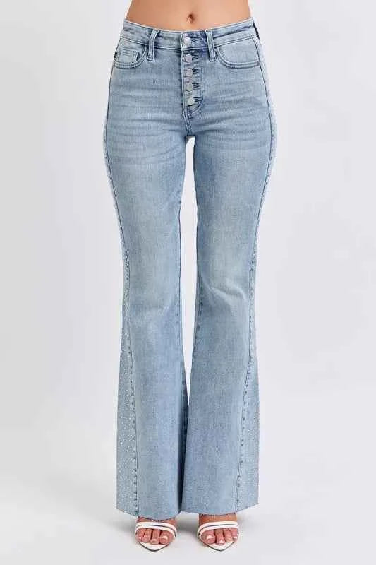 Judy Blue Plus Size Mid Rise Flare Jeans with Rhinestone Detail.