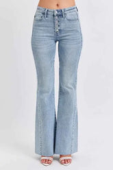 Judy Blue Plus Size Mid Rise Flare Jeans with Rhinestone Detail.