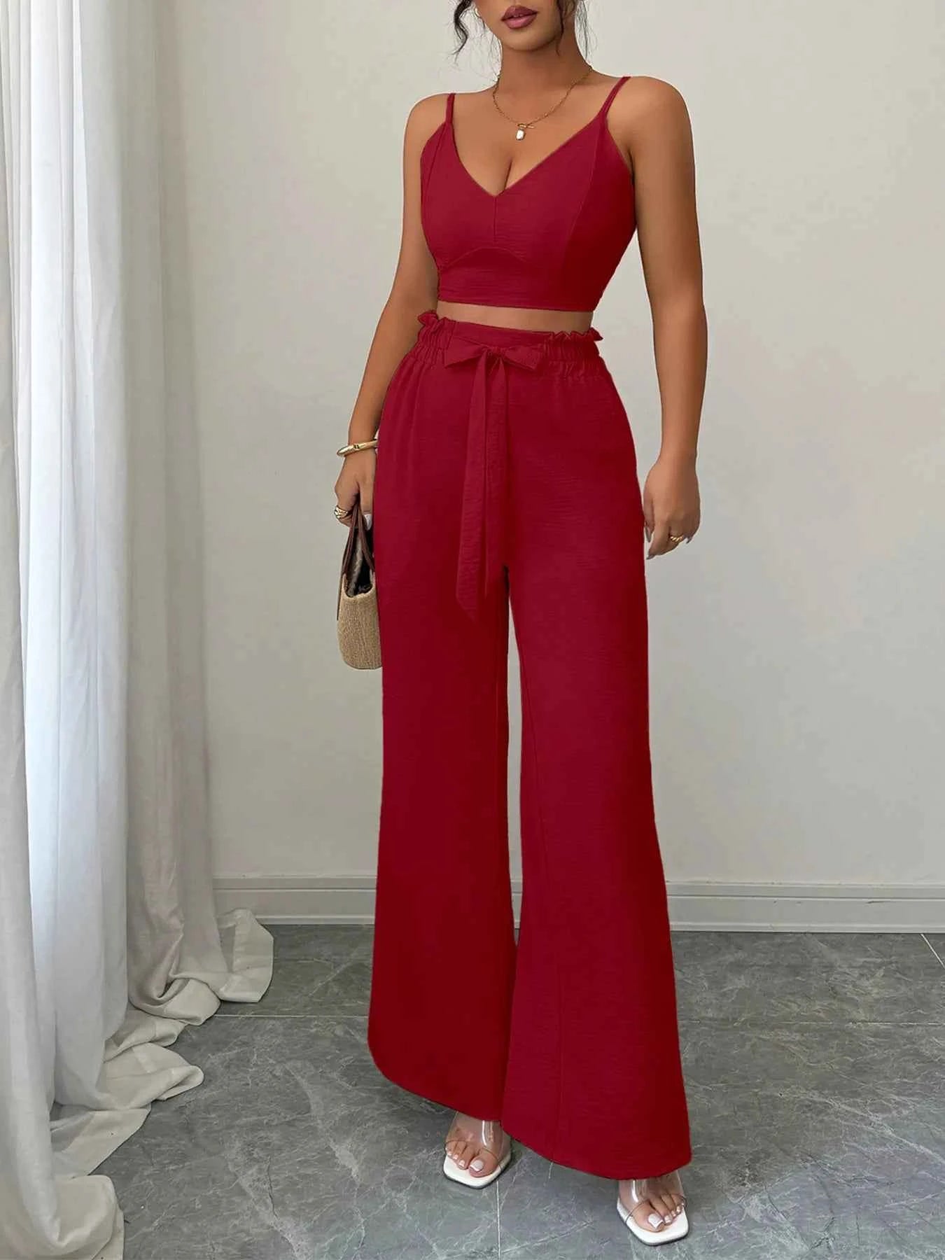 V-Neck Cami and Wide Leg Pants Set.