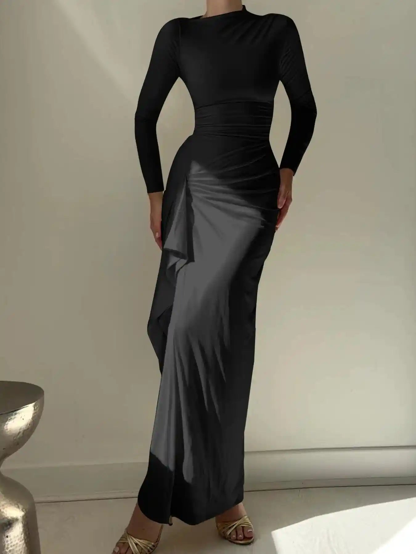 Ruched Long Sleeve Maxi Dress with Slit.