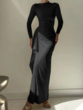 Ruched Long Sleeve Maxi Dress with Slit.
