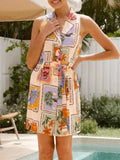 Printed Sleeveless Tie Waist Dress.