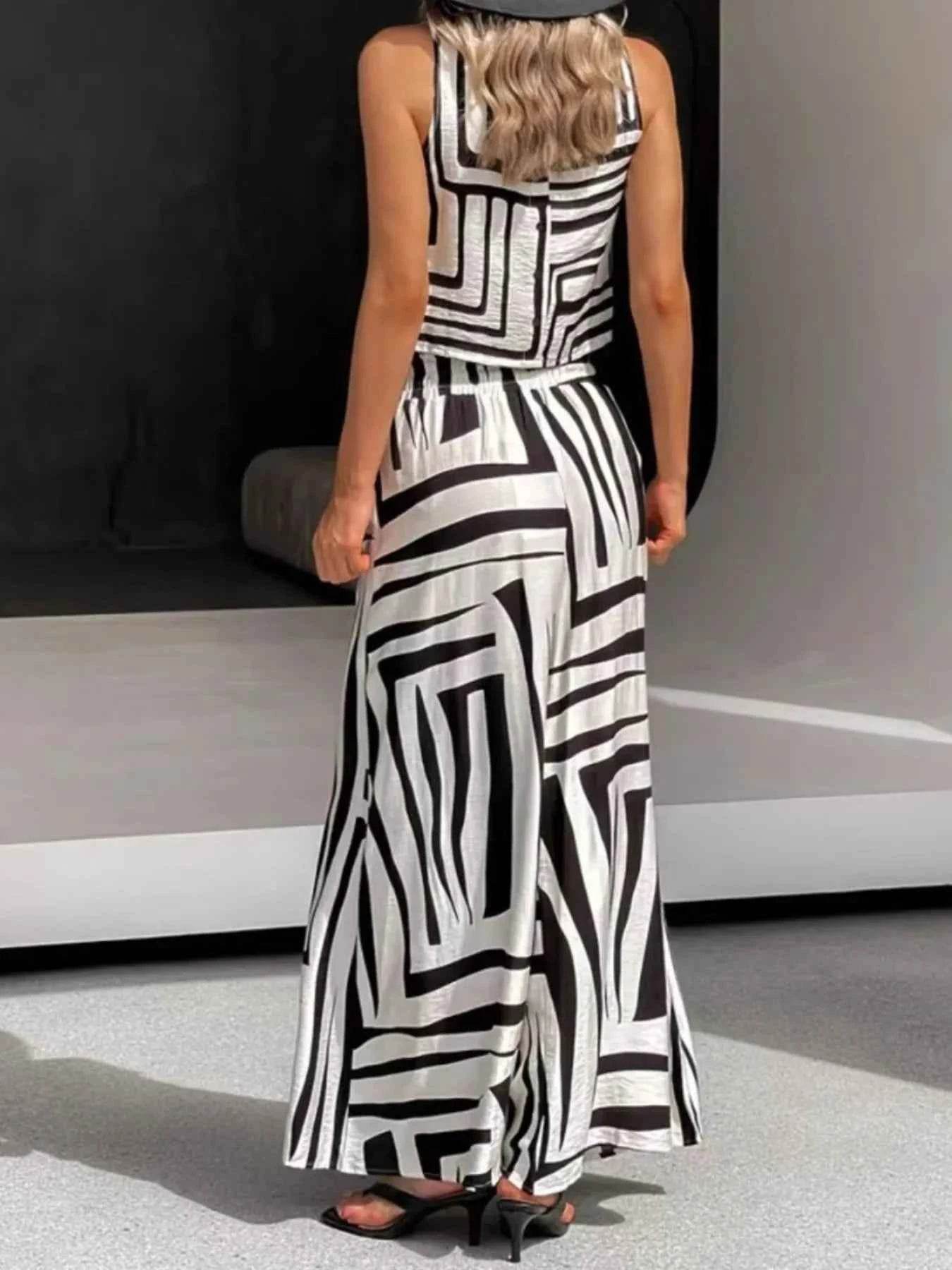 Geometric Print Sleeveless Top & Wide Leg Pants Set - EBYNN