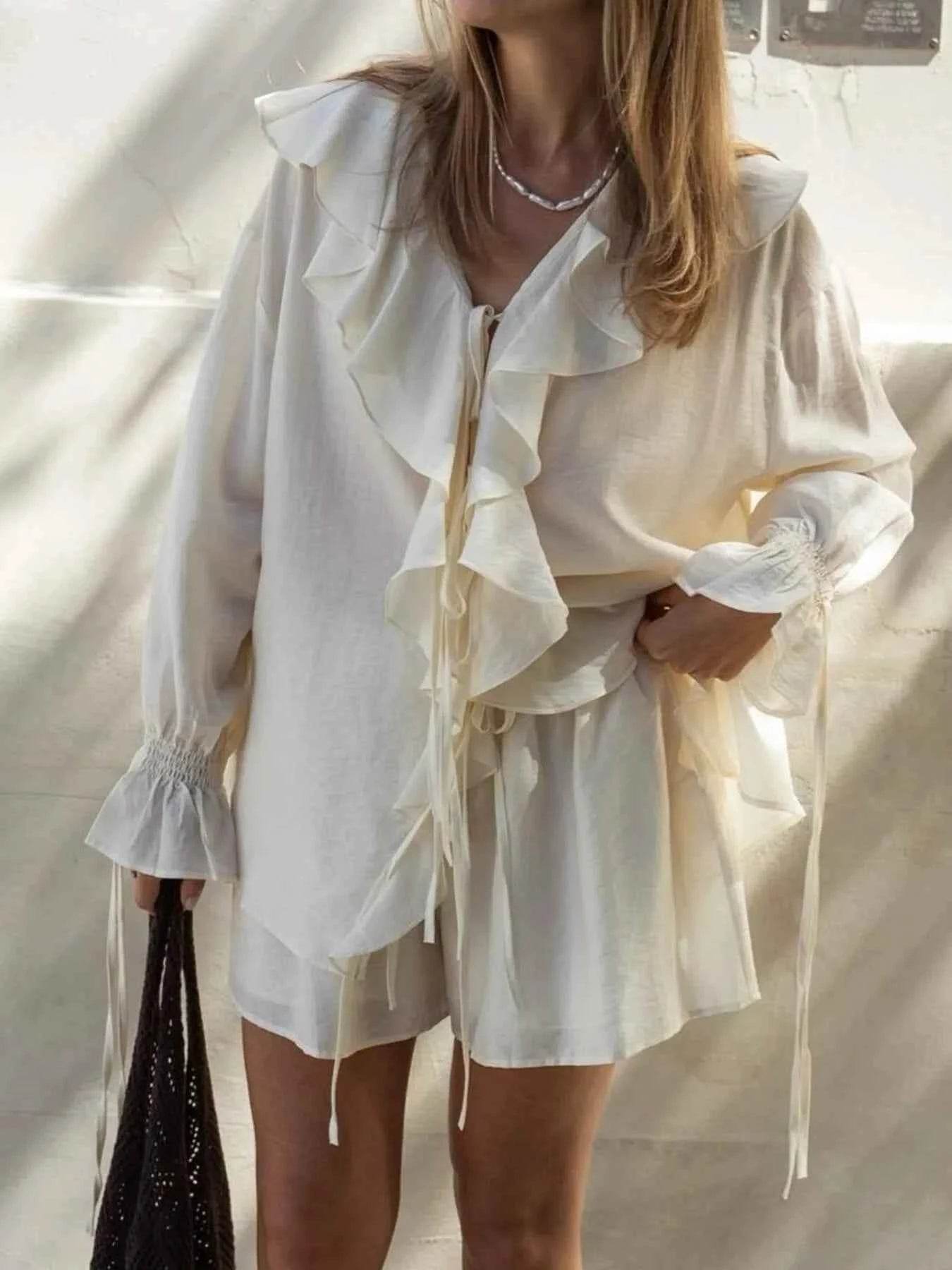 Ruffled Long Sleeve Shirt and Shorts Set - EBYNN